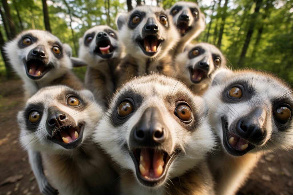 Group of funny Lemurs taking a selfie standing upright and looking attentively at the camera