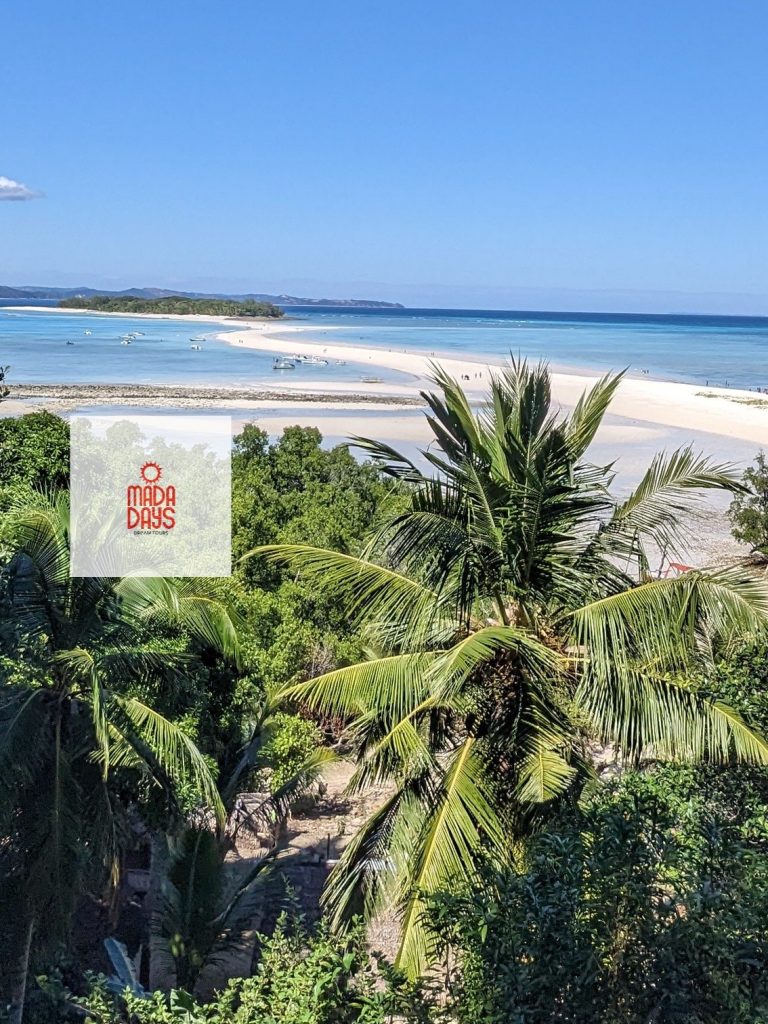 The strip of sand that connects Nosy Iranja to another small island can be seen. Closer, wild plants and palm grow, providing a relaxed and natural feeling