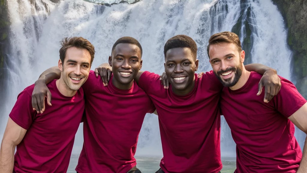 Una foto che mostra la squadra dietro Madadays, italiana e malgascia, con una cascata sullo sfondo